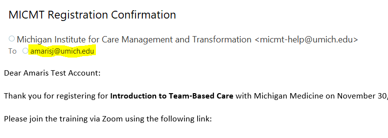 MICMT Email Confirmation Example