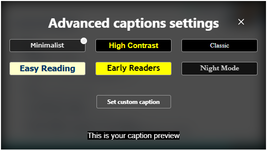 Screenshot of the Advanced caption settings