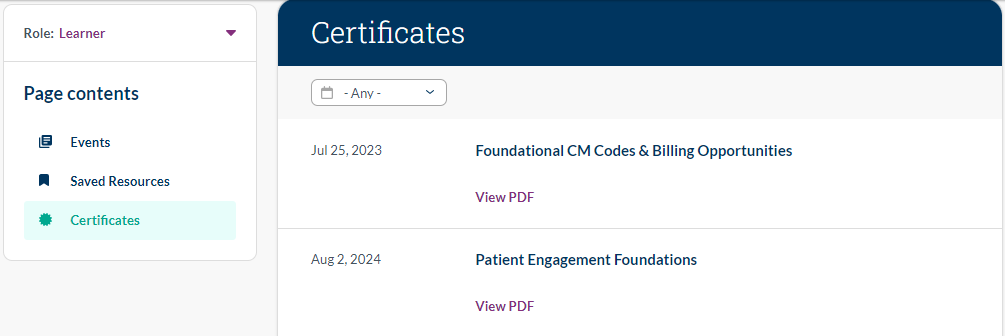 Screenshot of Certificate Section on User Dashboard