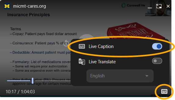 Screenshot showing live caption access via picture in picture mode