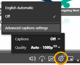 Screenshot of Settings Gear and Advanced Captions