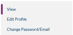Screenshot of the menu to View Profile, Edit Profile, and Change Email/Password.