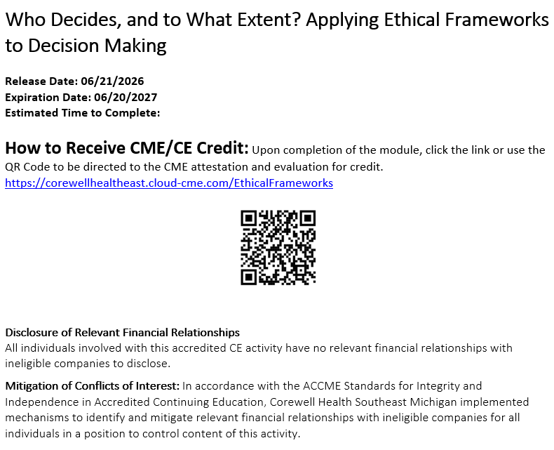 CME/CE Credit Statement and QR Code for Who Decides, and to What Extent?