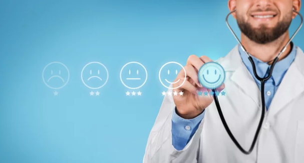 physician with stethoscope with a smiley face survey overlay