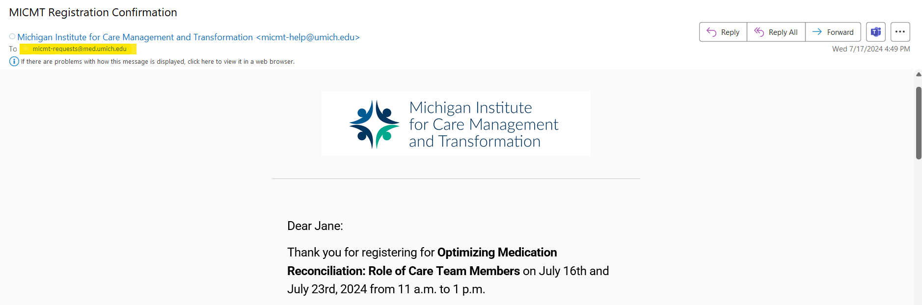 Screenshot of MICMT Event Registration Confirmation Email