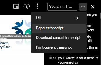 Screenshot of the transcript menu for popout, download, and printing. 