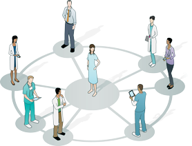 Illustration of a patient surrounded by their clinical team.