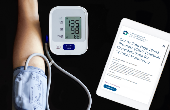 Arm on flat surface with blood-pressure cuff wrapped around it and blood pressure monitor and ipad tablet.
