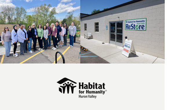 Collage of MICMT Staff, Habitat for Humanity Huron Valley ReStore Entrance, and Habitat for Humanity Huron Valley Logo